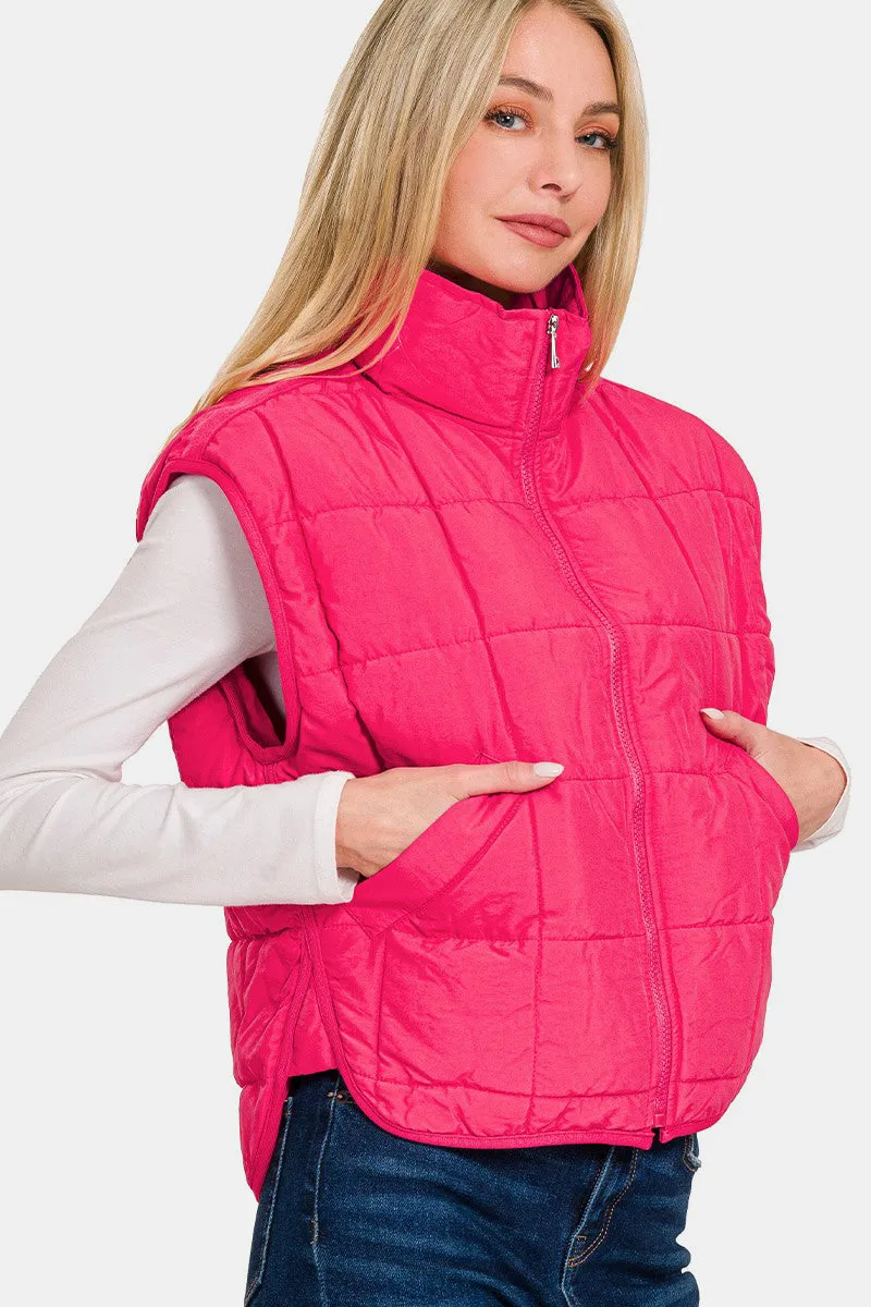 Zip Up Cropped Puffer Vest with Pockets